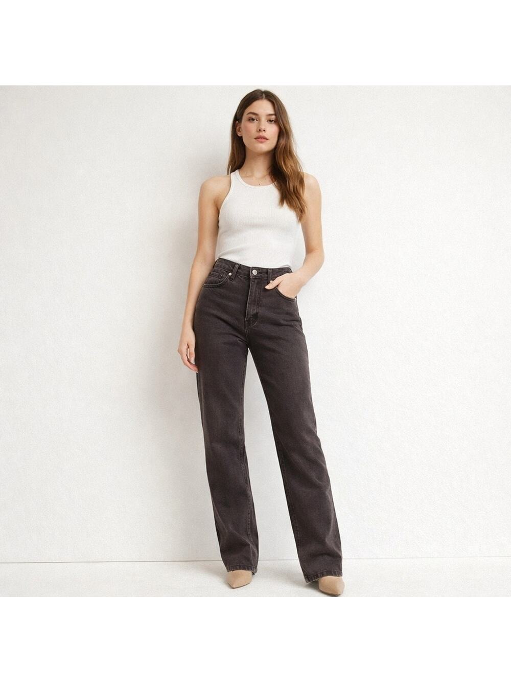ZARA Charcoal Brown Relaxed Fit Jeans High Rise Straight Leg